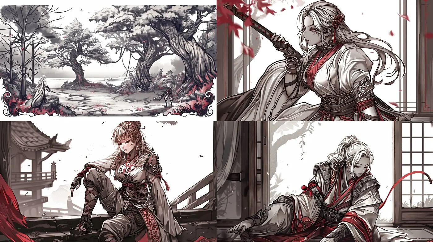 Monochromatic Elegance: A Homage to Asian Ink Wash with Hints of Red - Midjourney sref style
