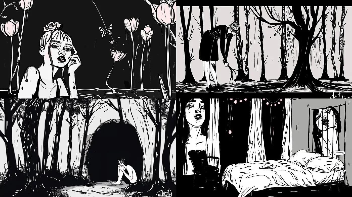 Monochromatic Elegiac Illustrations with an Expressionist Undertone - Midjourney sref style