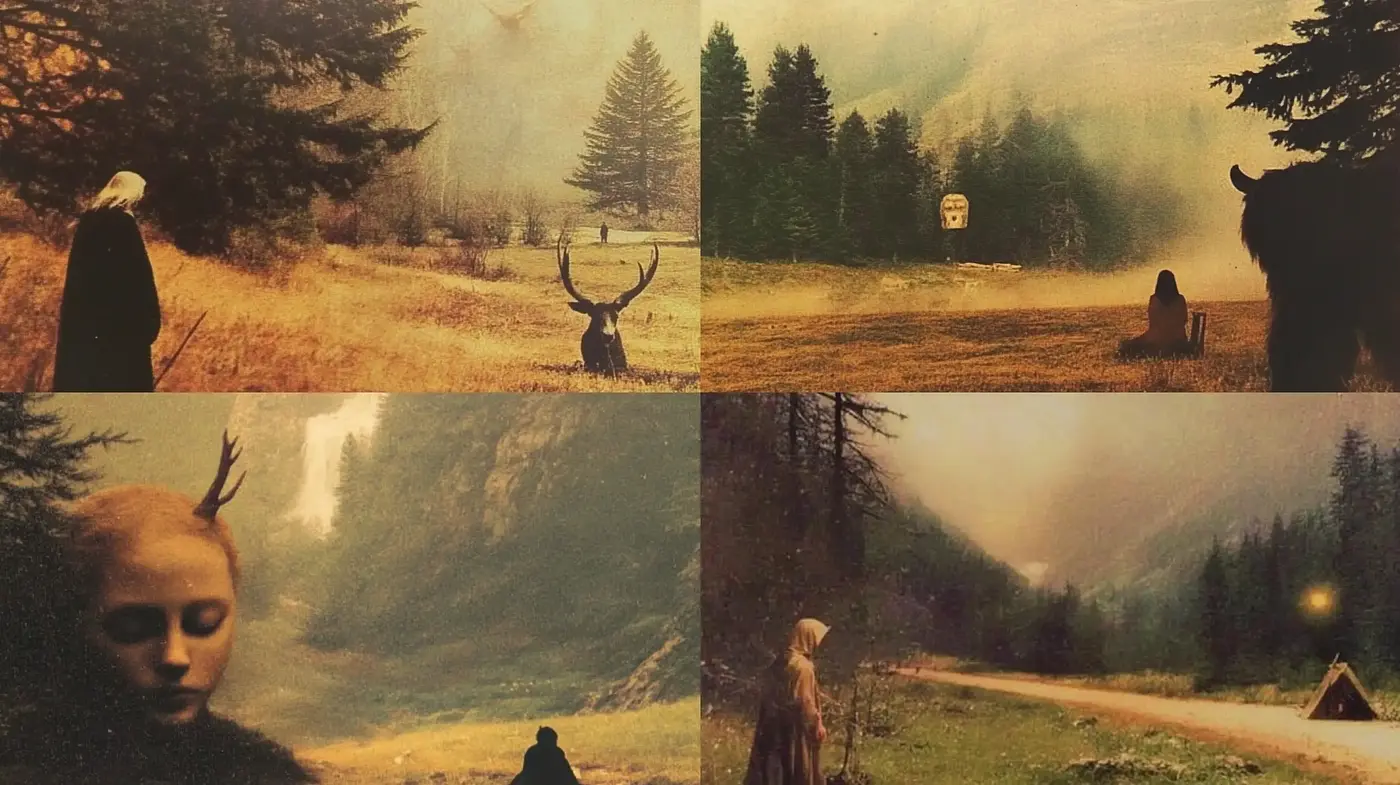 Ethereal Wilderness in Sepia Tones: An Homage to Misty Landscapes and Surreal Beings - Midjourney sref style