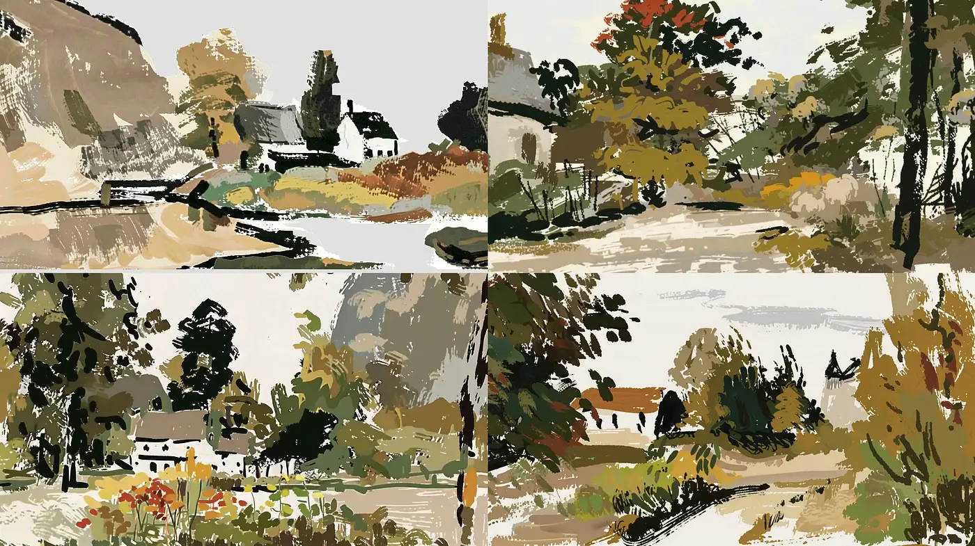 Consistent Idyllic Countryside Impressions - Midjourney sref style