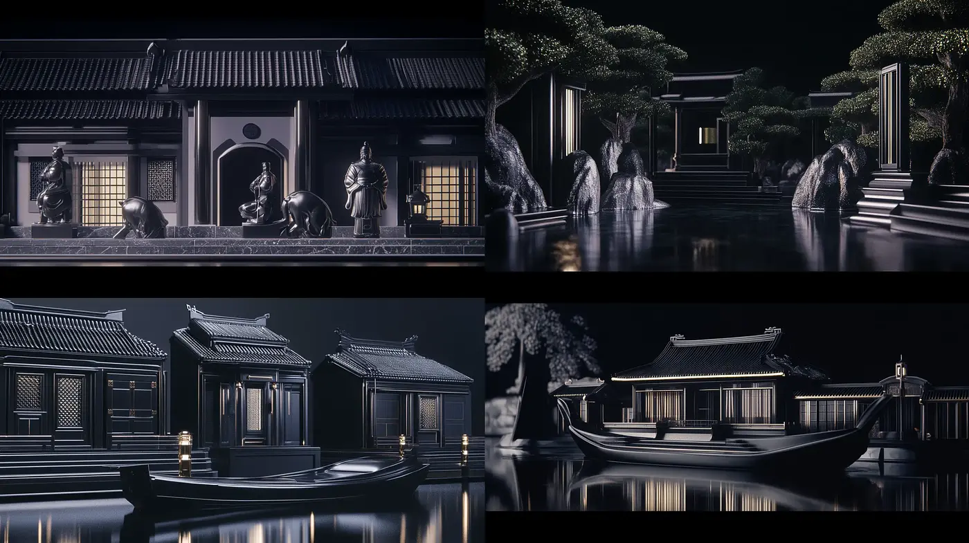 Monochromatic Serenity: A Nighttime Reflection of Tranquility in Ukiyo-e Inspired Styles - Midjourney sref style