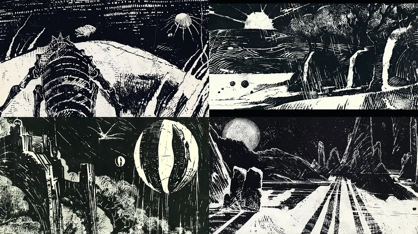 Nocturnal Etching Dreams: A Homage to Expressionist Woodcut Techniques - Midjourney sref style