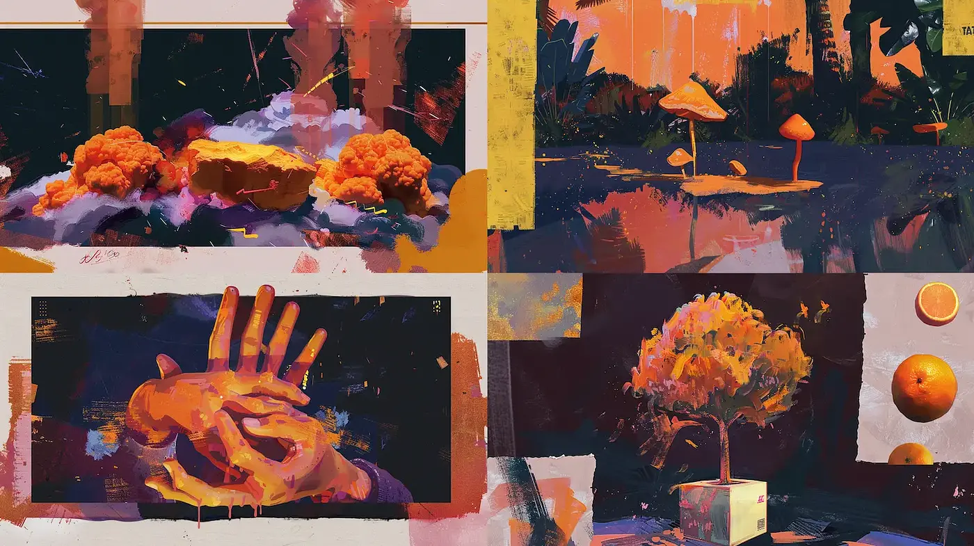Vibrantly abstract compositions with organic and surreal elements - Midjourney sref style