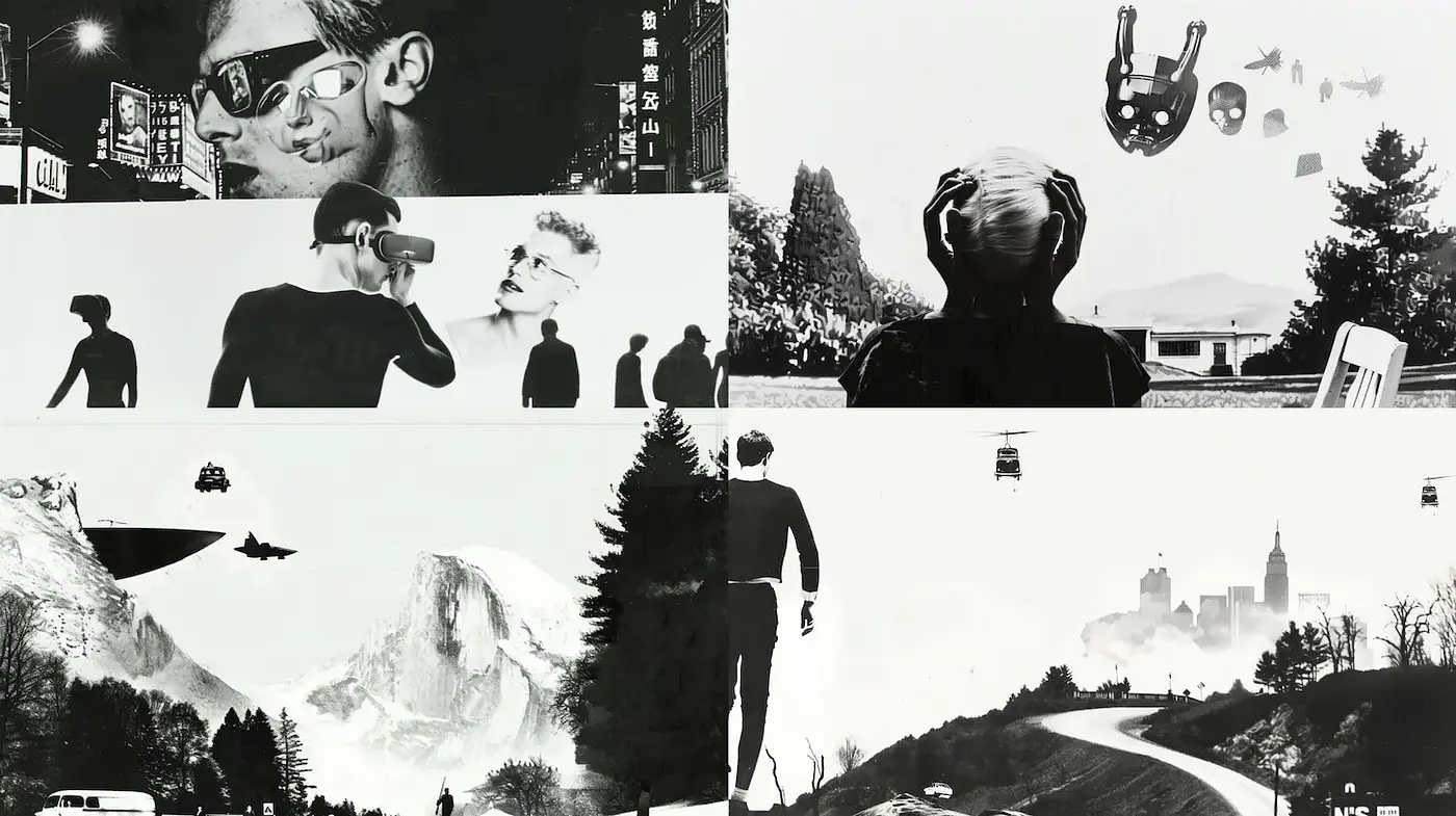 Futuristic Monochrome Noir with Surreal Elements and Retro Aesthetics - Midjourney sref style