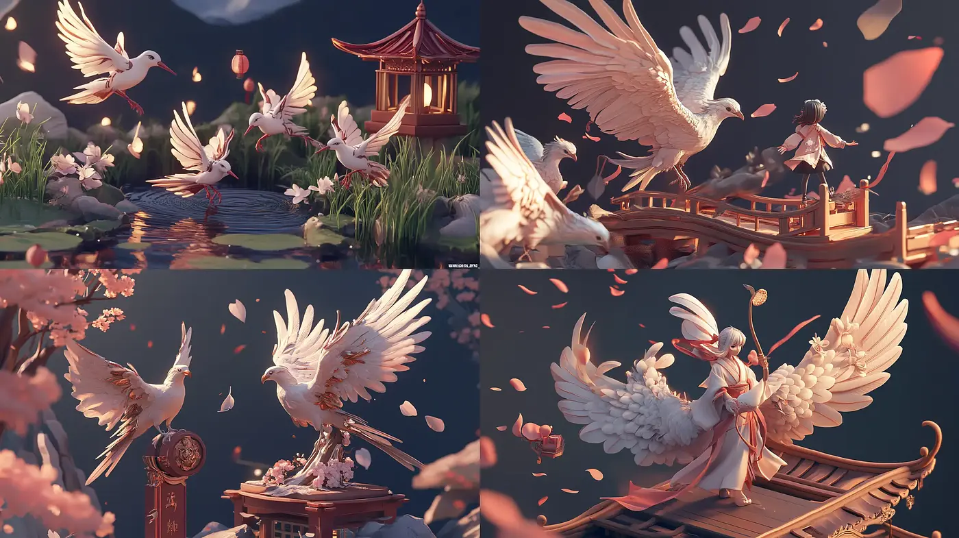 Serene Crimson Twilight: A Ballet of Cranes Amidst Ethereal Pagodas - Midjourney sref style