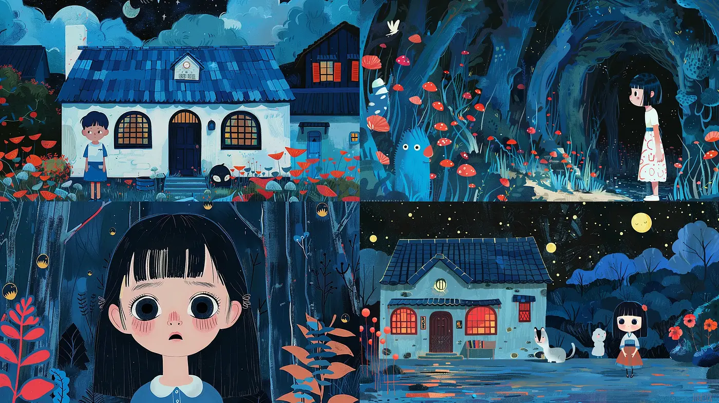Enchanted Midnight Garden: Whimsical Illustrations with a Storybook Essence - Midjourney sref style