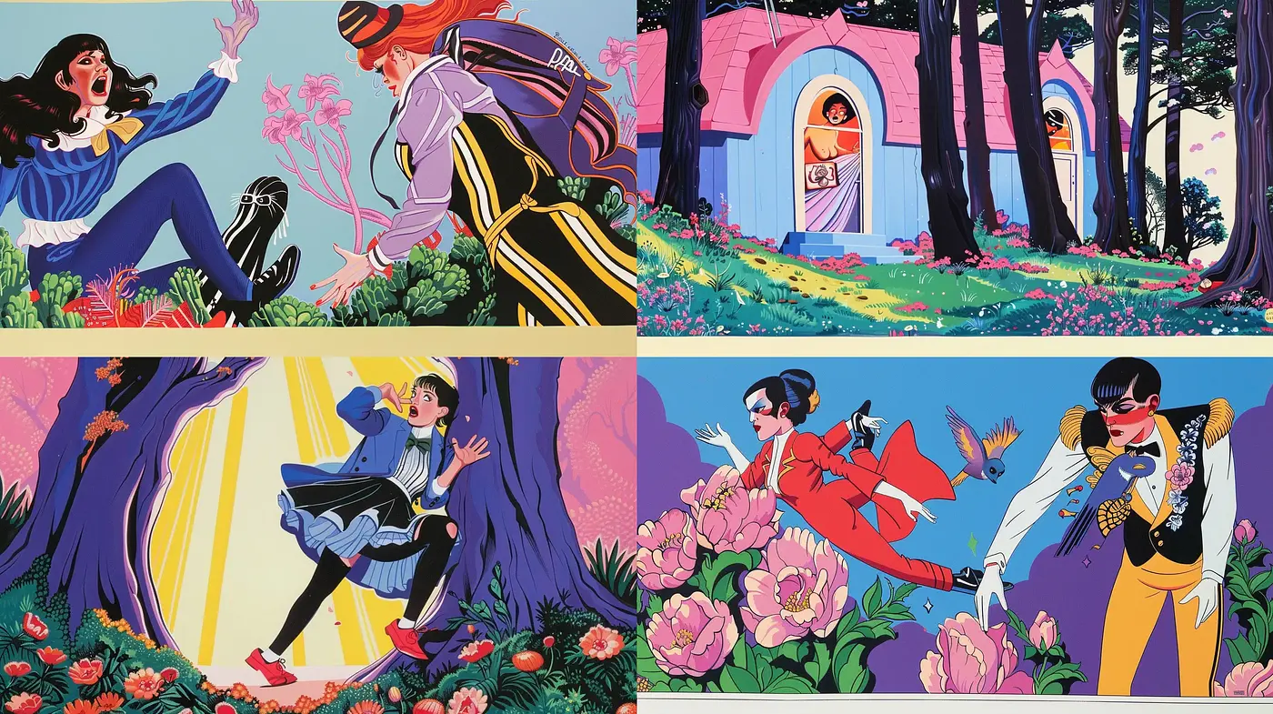 Enchanted Comic Book Garden: A Vivid and Whimsical Illustration Series - Midjourney sref style