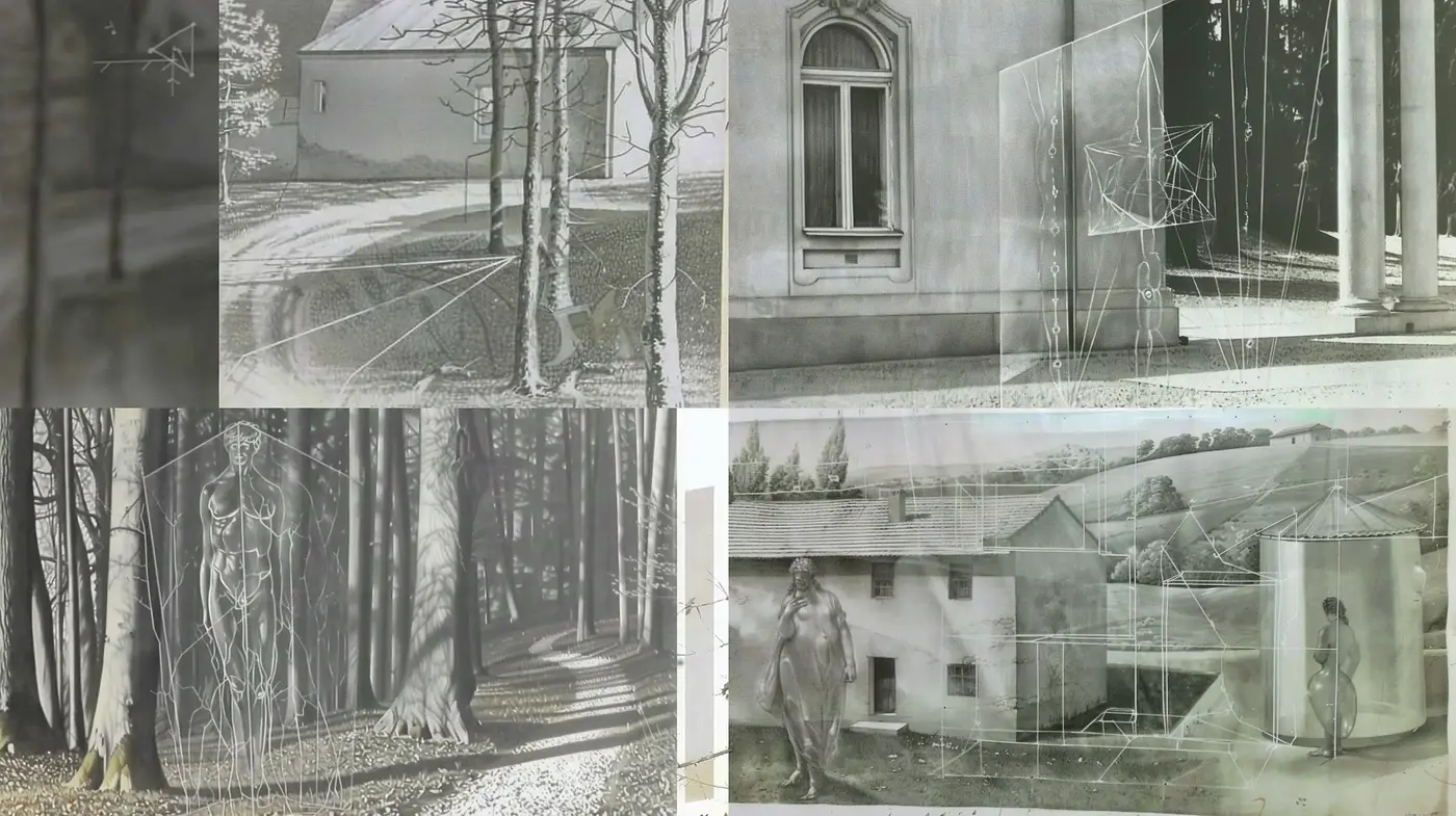Monochromatic Dreamscape Collages with Geometric Overlays - Midjourney sref style