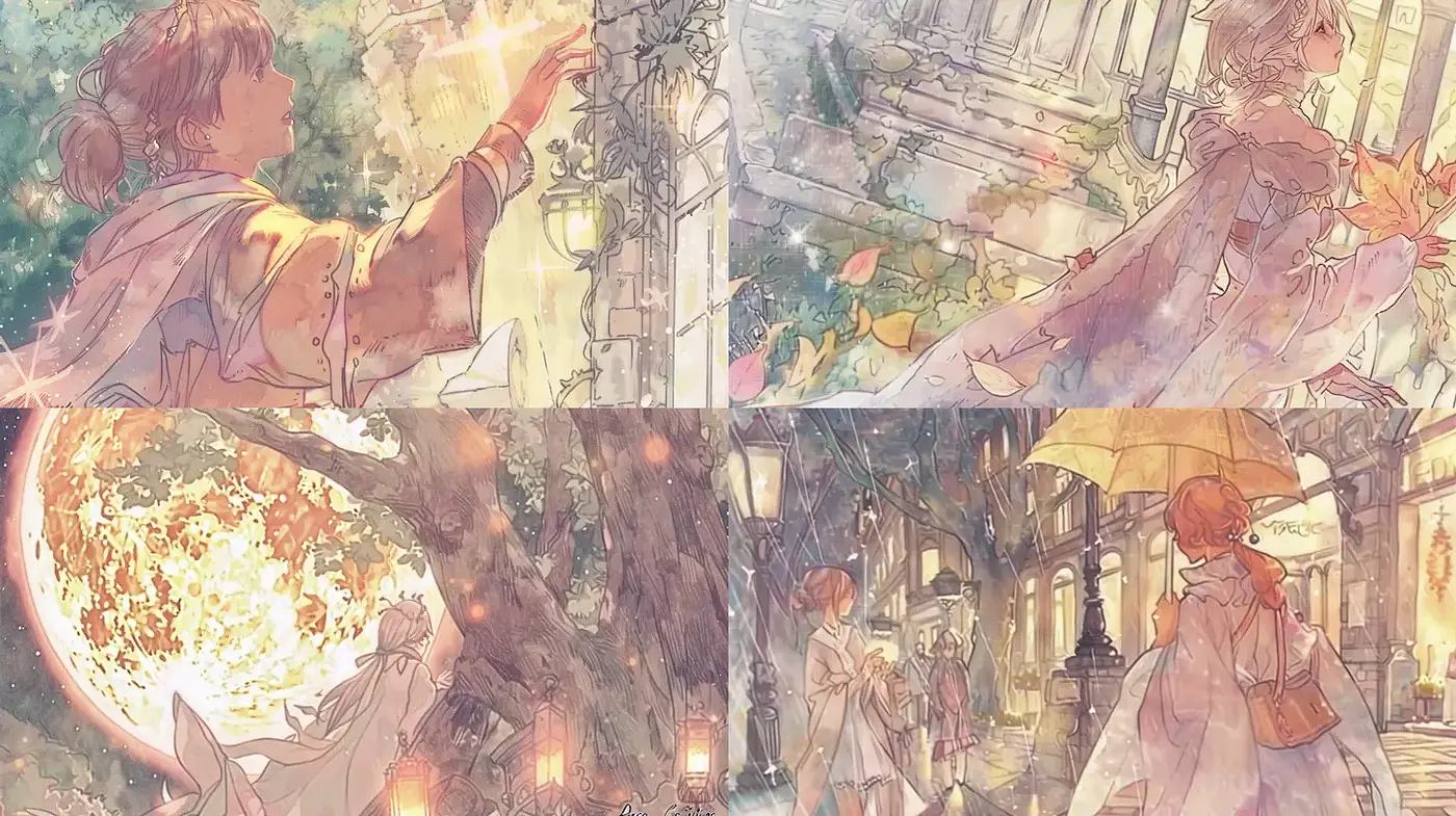 Whimsical and Ethereal Narrative in Soft Pastels - Midjourney sref style
