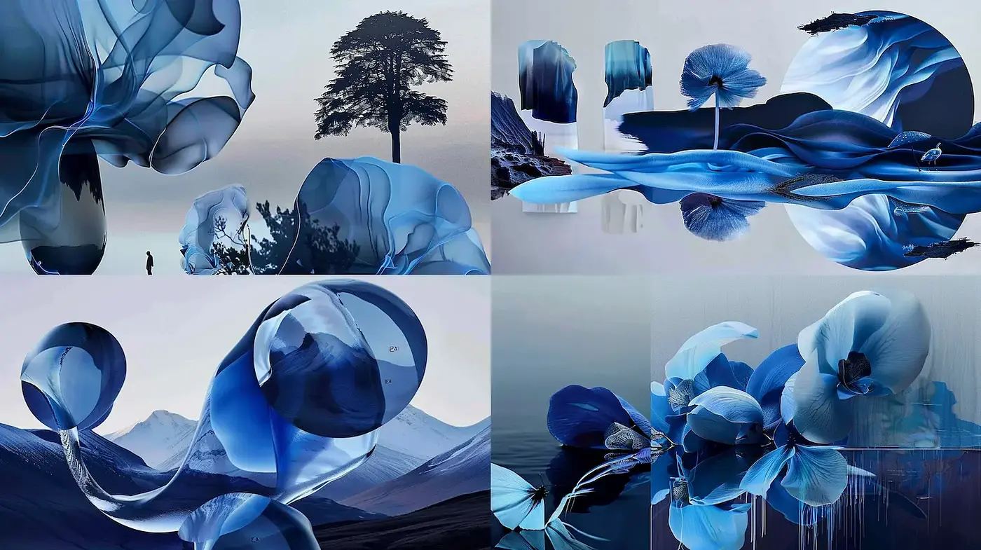 Ethereal Landscapes with Fluid Forms and Blue Hues - Midjourney sref style