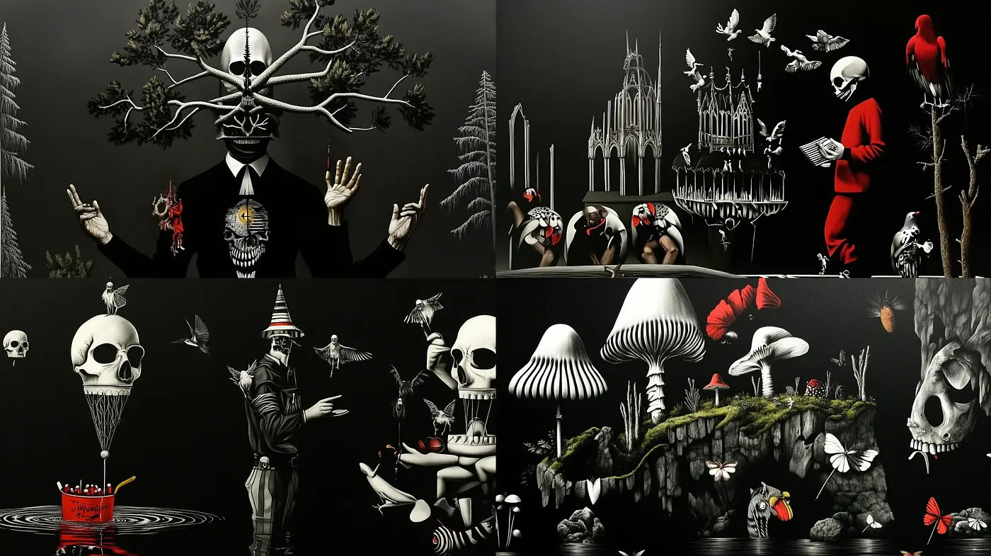 Ethereal Macabre: A Surrealist Journey Through Stylized Skeletal Elegance - Midjourney sref style