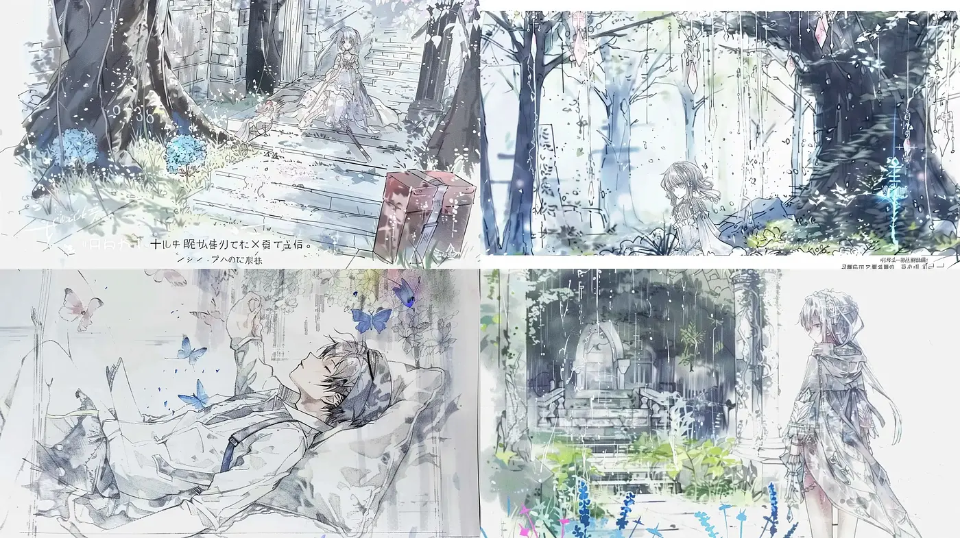 Ethereal Watercolor Dreamscape with Whimsical Blue Accents - Midjourney sref style