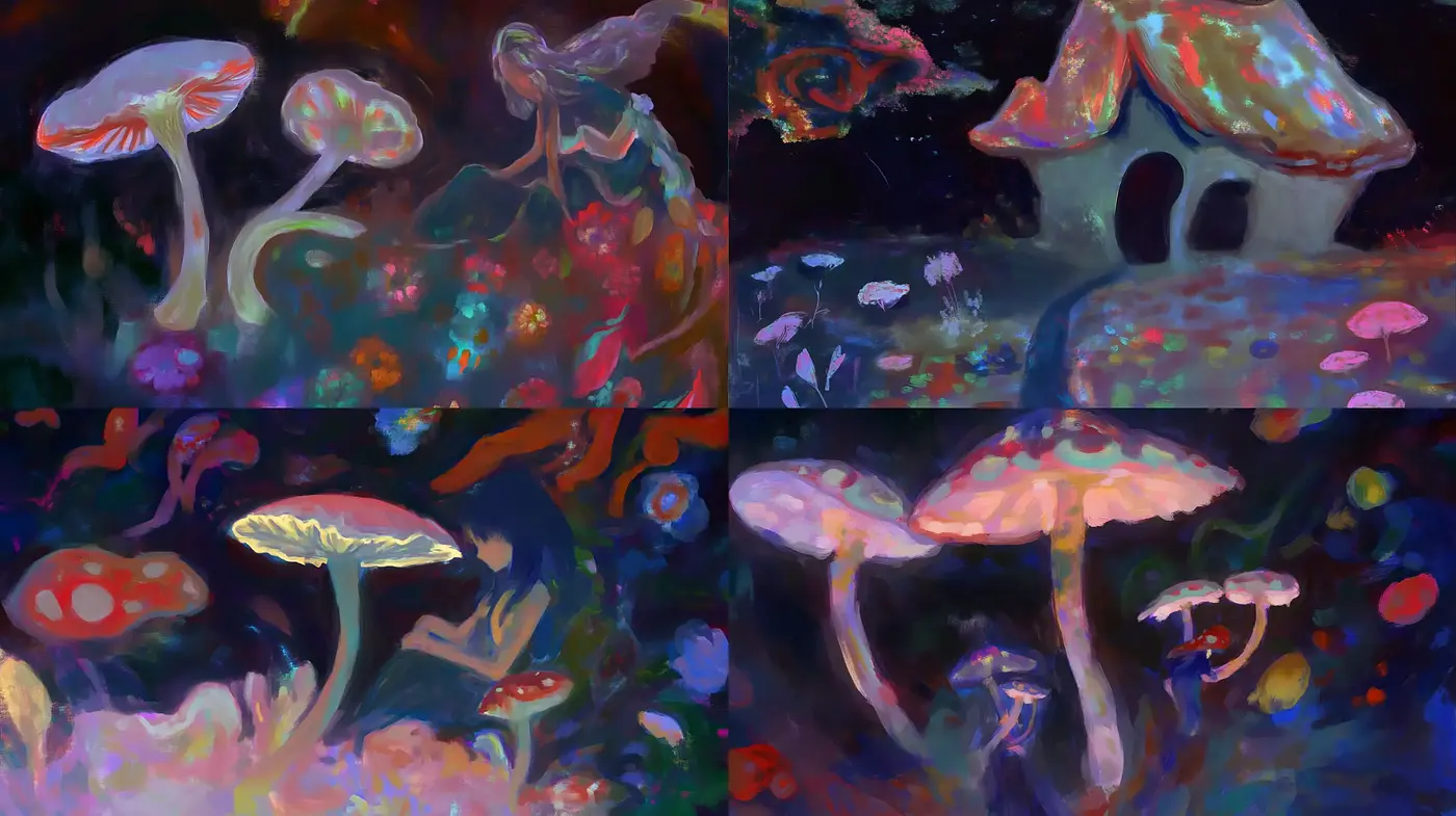 Enchanted Dreamscape of Luminous Mushrooms and Ethereal Foliage - Midjourney sref style