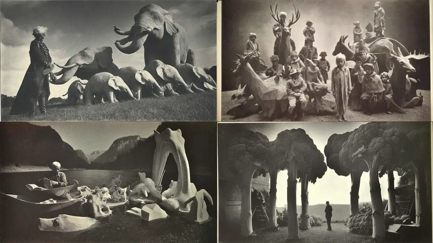 Surrealistic Black and White Visuals with Ethereal Elements - Midjourney sref style