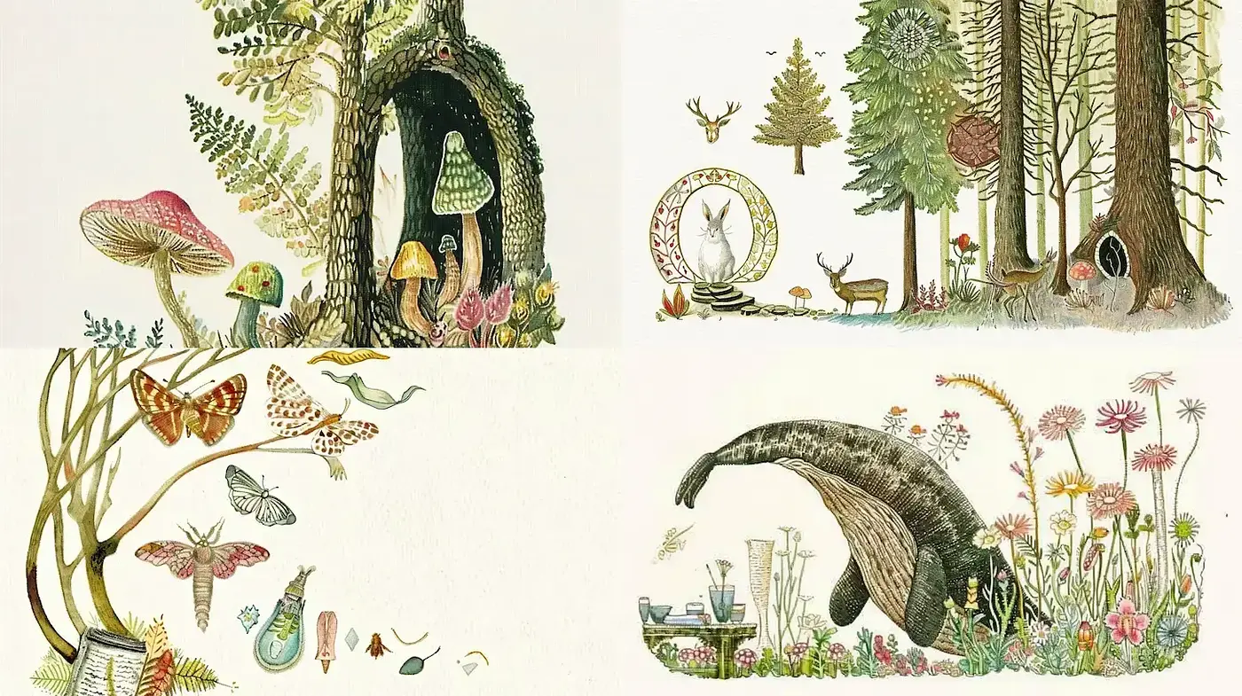 Whimsical and Nature-inspired Illustrations with a Soft Hand-drawn Quality - Midjourney sref style
