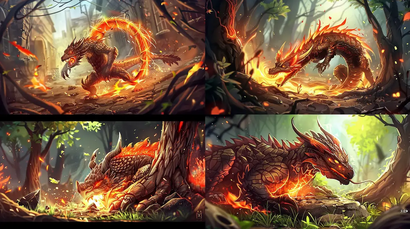 Dynamic and Fiery Fantasy Creatures in Lush Environments - Midjourney sref style