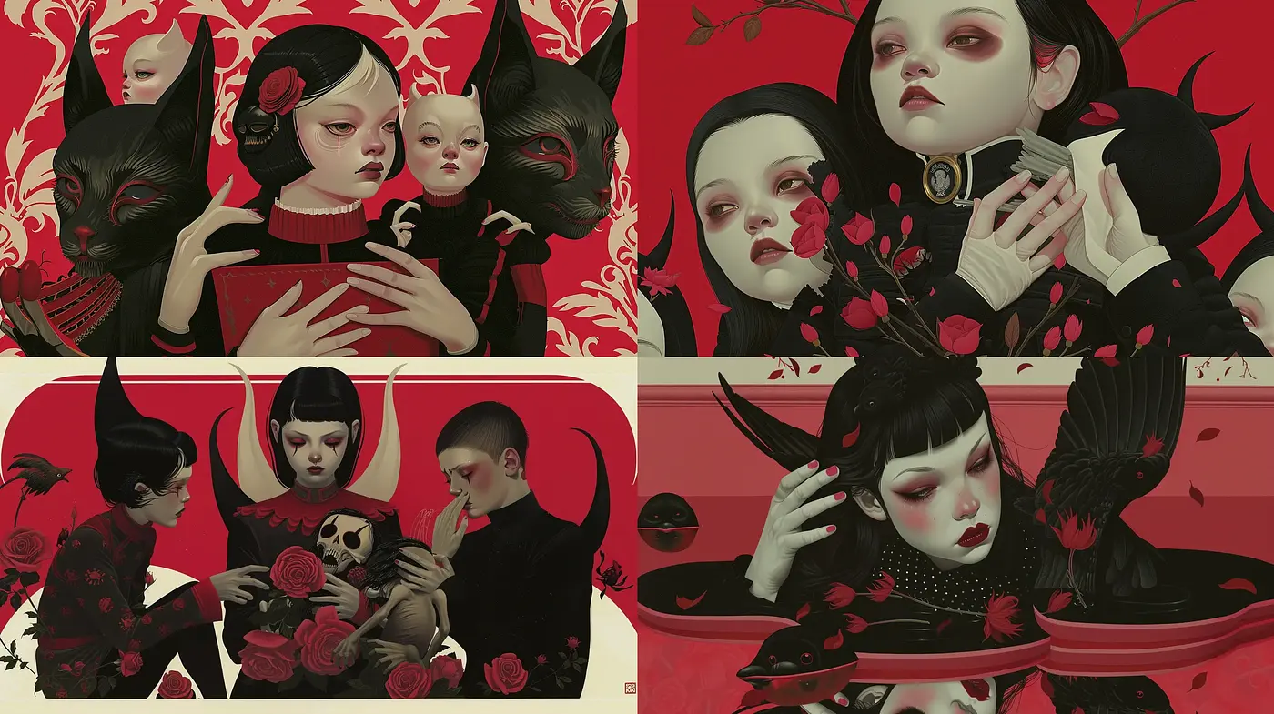 Surreal Gothic Elegance with a Muted Crimson Embrace - Midjourney sref style
