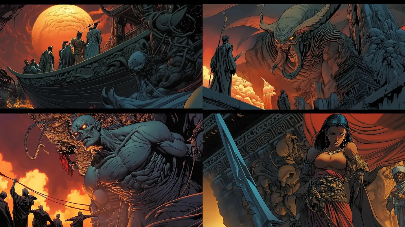 Sanguine Dusk: A Mythical Tapestry of Epic Narratives - Midjourney sref style