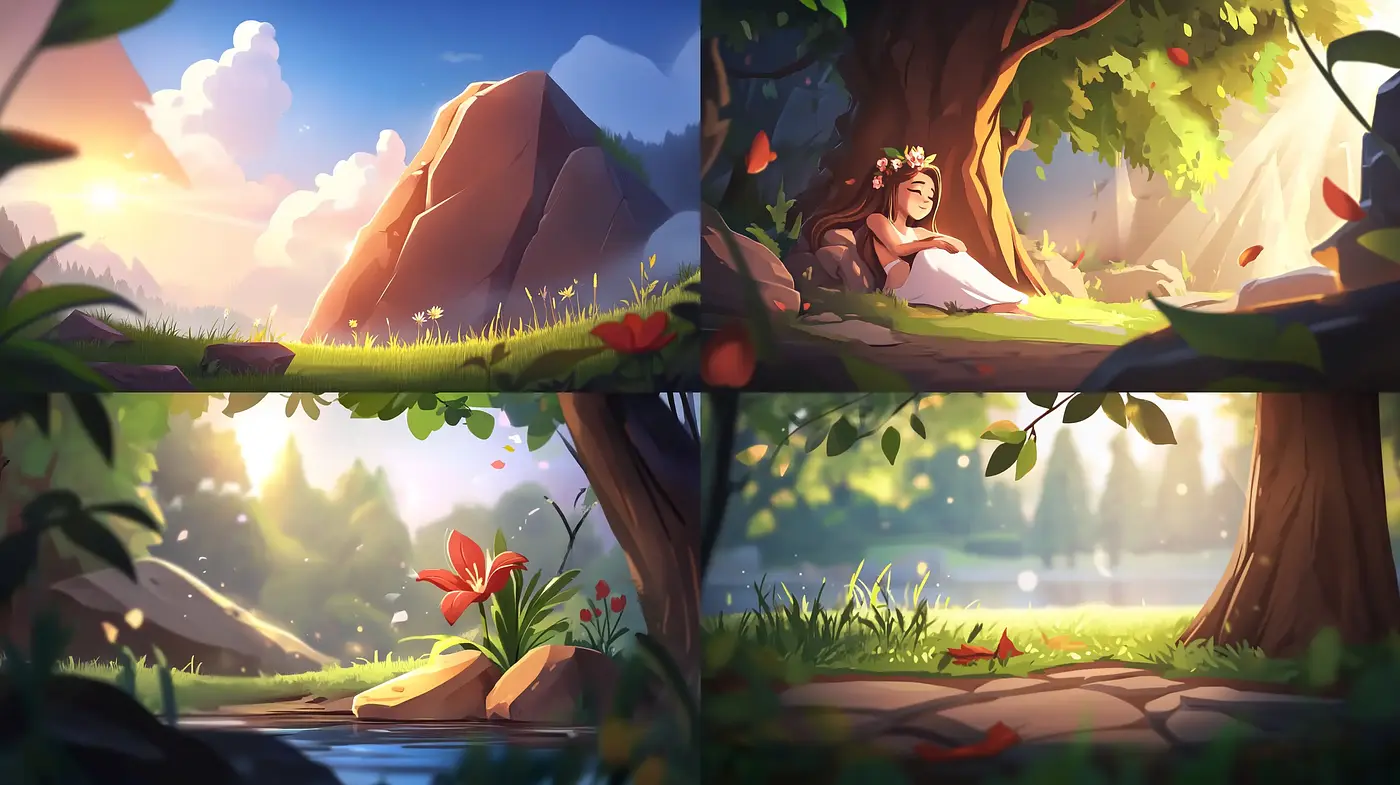 Lush and Radiant Environments with Serene Overtones - Midjourney sref style