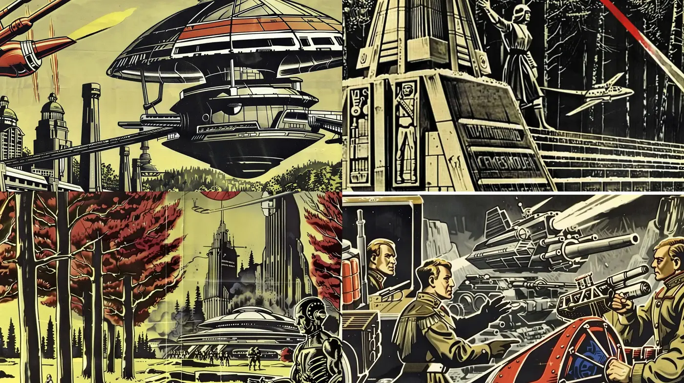 Retro-futuristic Visions with a Vintage Pulp Magazine Aesthetic - Midjourney sref style