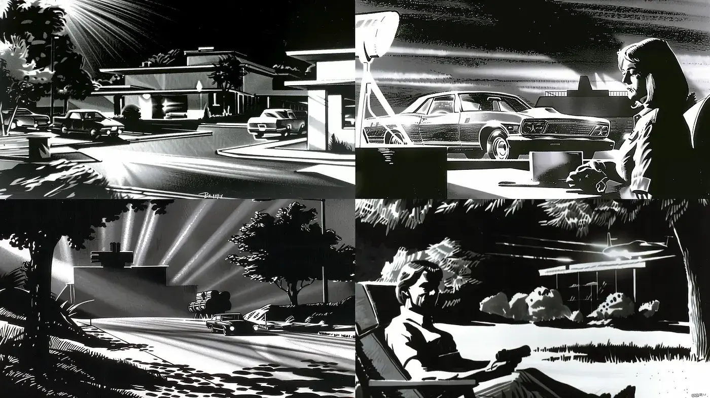 Monochromatic Noir Reflections with Radiant Light Play - Midjourney sref style