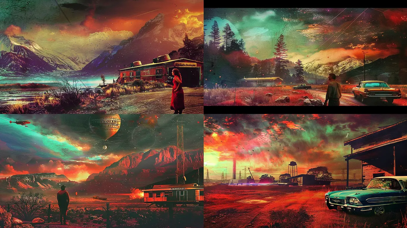 Apocalyptic Twilight Hues: Surreal Retro Landscapes Blend - Midjourney sref style