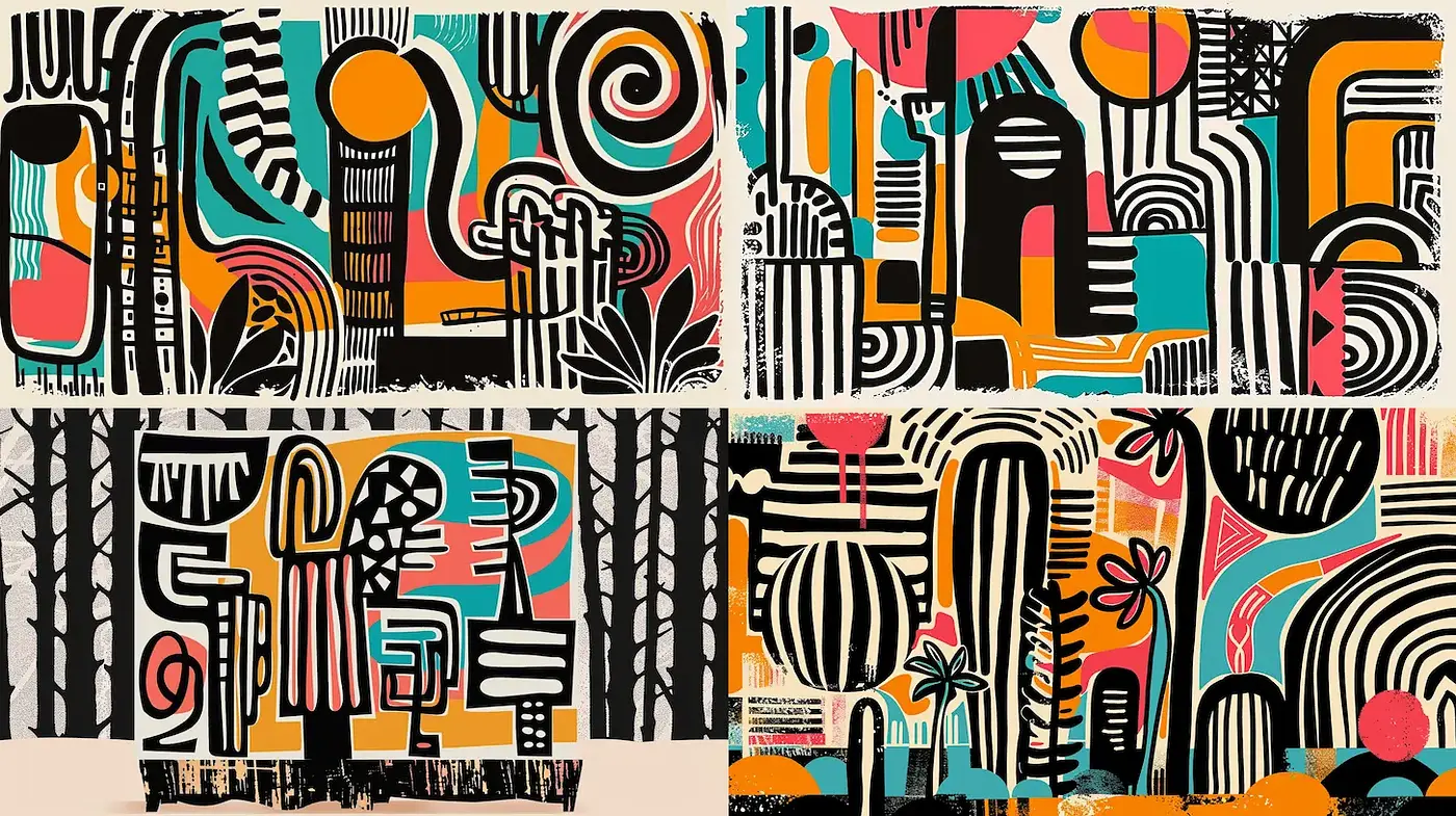 Dynamic Abstract Composition with Bold Patterns and Vibrant Colors - Midjourney sref style