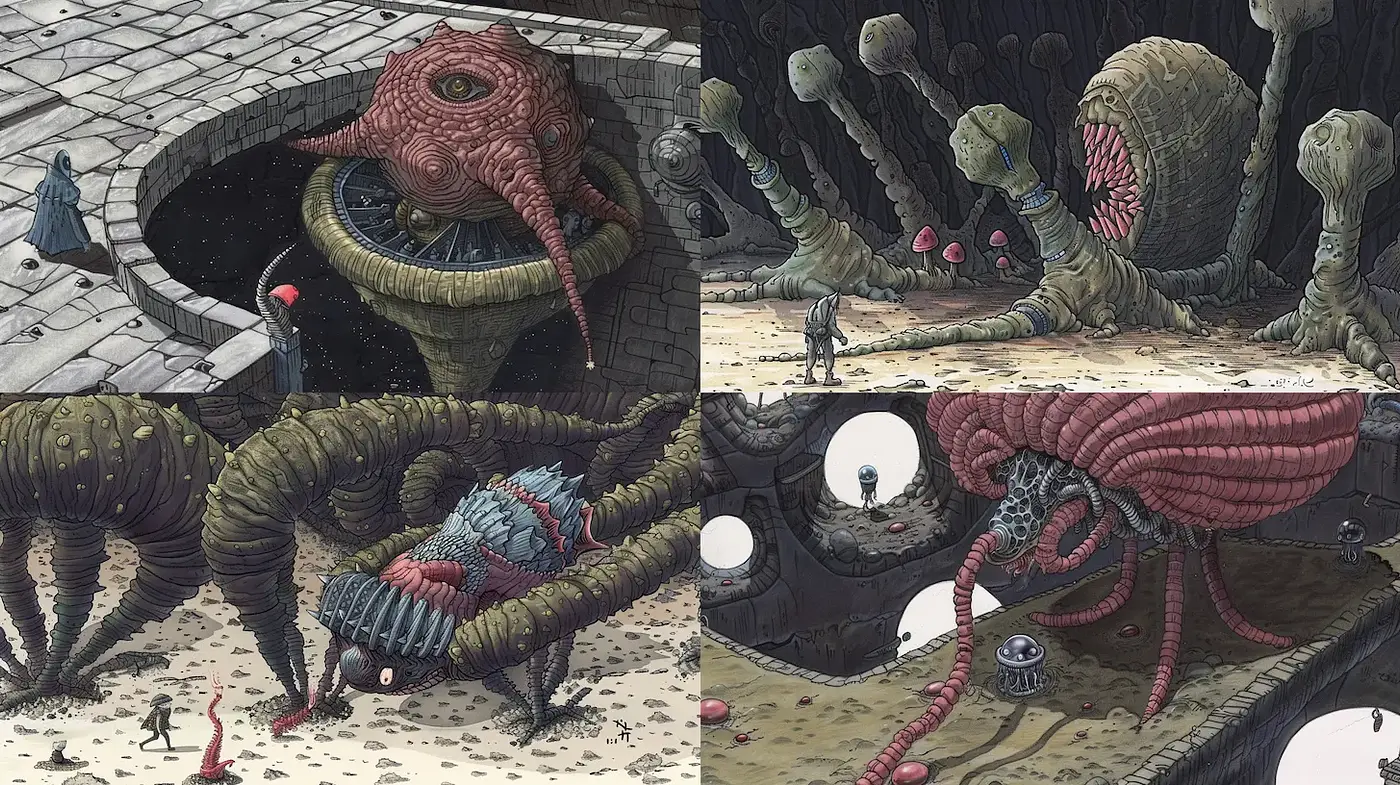 Surreal and otherworldly environments blending organic forms and mechanical structures - Midjourney sref style