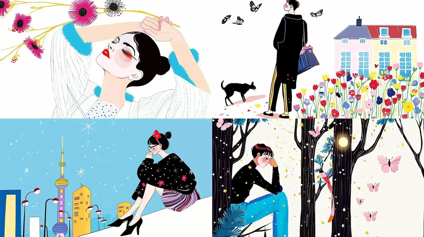 Vibrant and Playful Contemporary Illustration with Elegance and Whimsy - Midjourney sref style