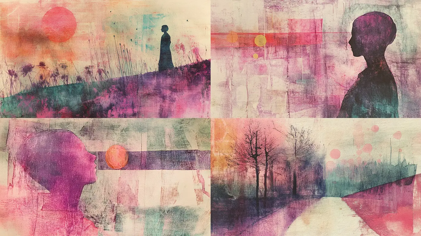 Transient Hues of Twilight: A Fusion of Abstract Expressionism and Silhouetted Figures - Midjourney sref style