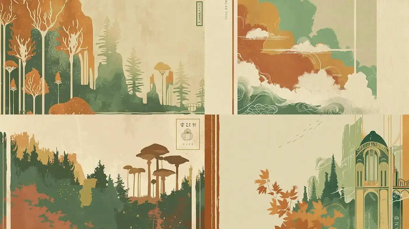 Exploration of Harmonious Landscapes with Vintage Aesthetic - Midjourney sref style