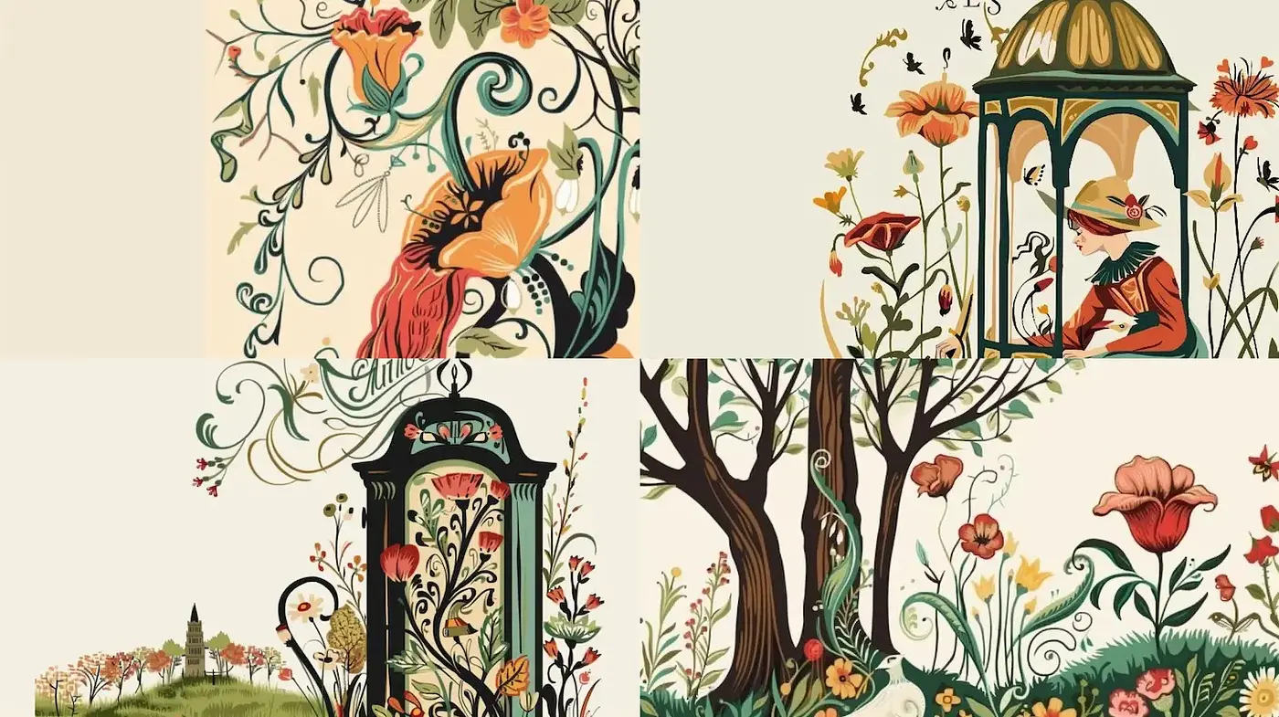 Whimsical Floral Art Nouveau Inspired Design with a Vintage Aesthetic - Midjourney sref style