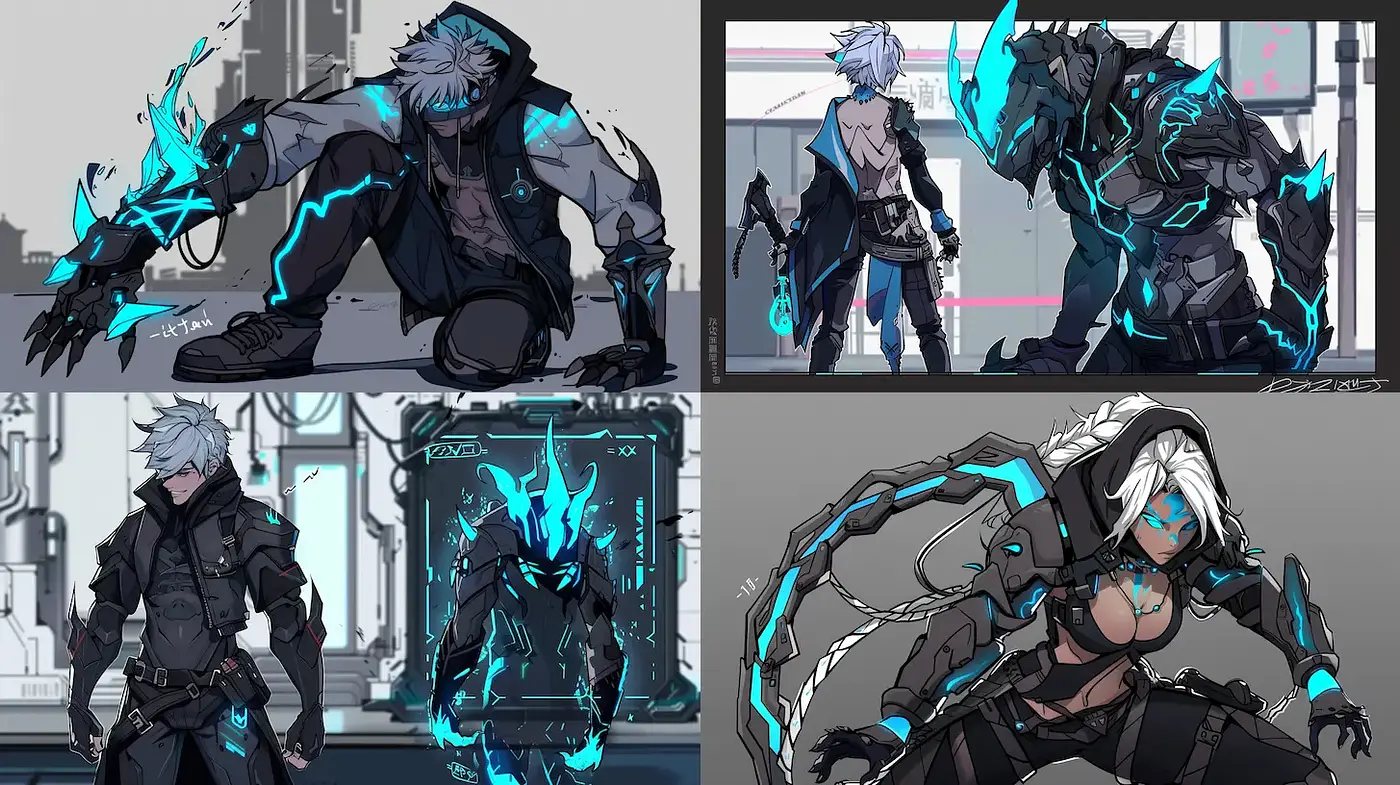 Futuristic Cyberpunk Character Design with Electric Accents - Midjourney sref style