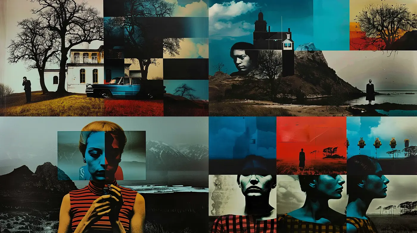 Moody Cinematic Collage with Surrealist Undertones - Midjourney sref style