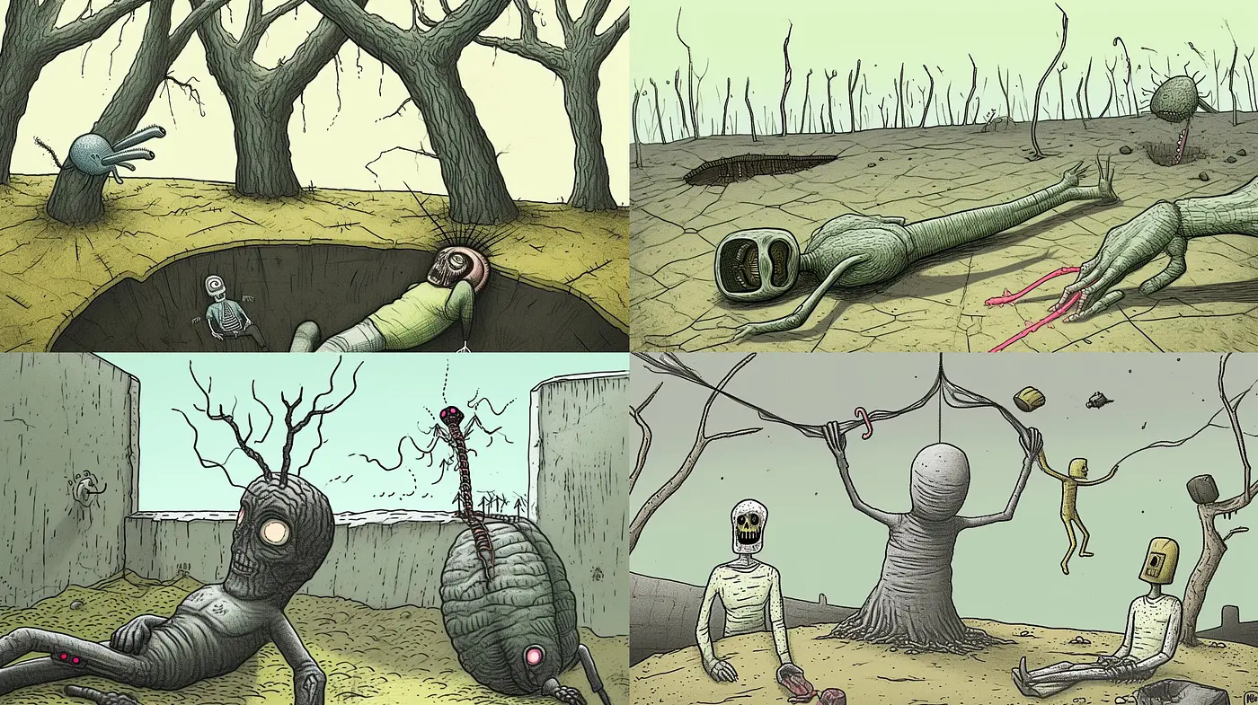 Eerie Tales of Surreal Desolation: A Homogeneous Vision of Stylized Macabre - Midjourney sref style