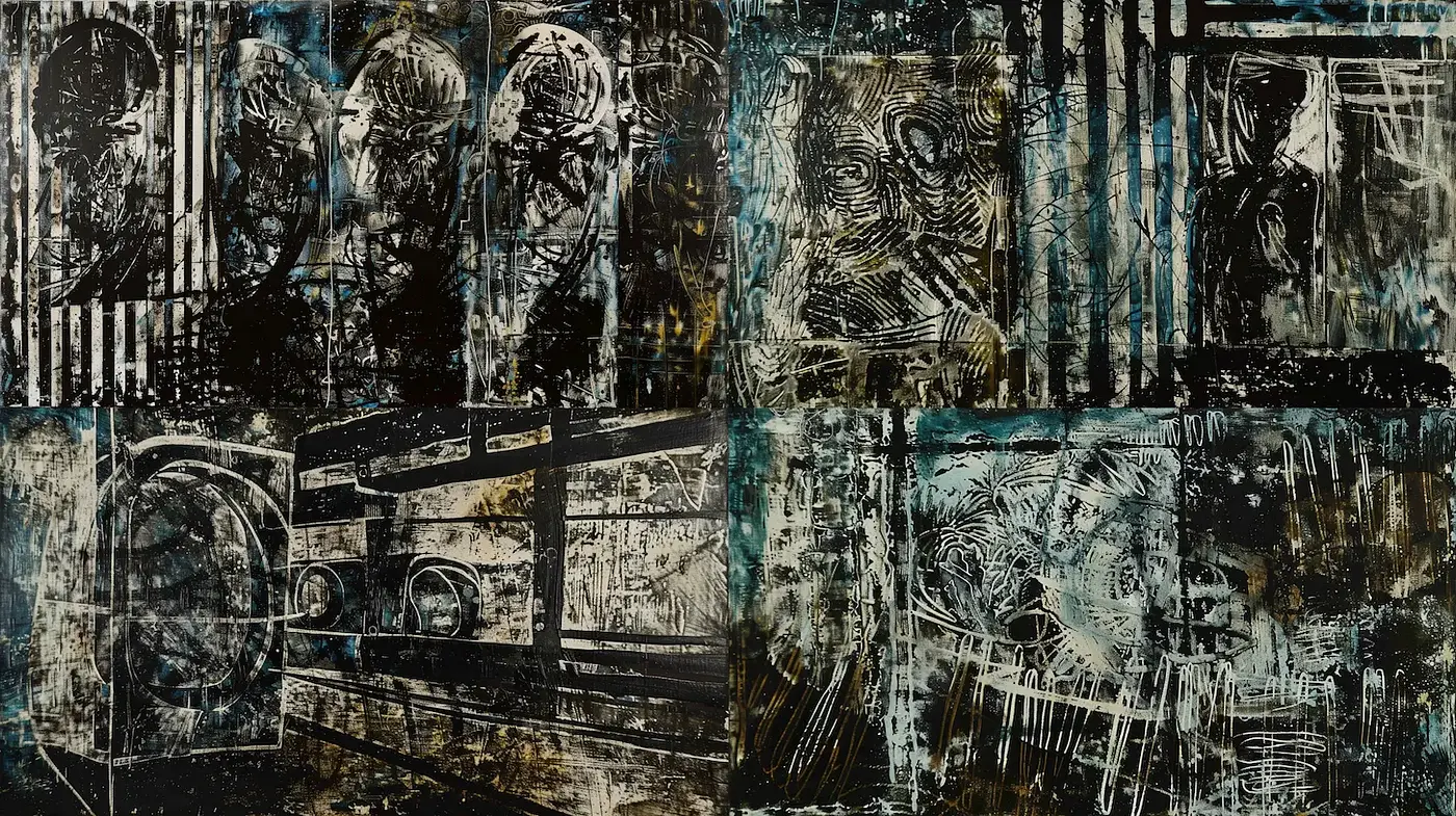 Dark, abstract expressionism with a textured, layered appearance - Midjourney sref style