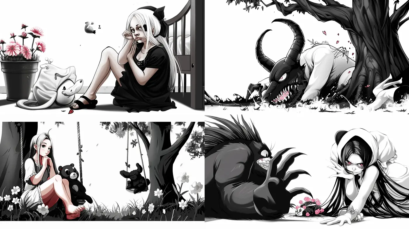 Monochromatic Whimsy: A Playful Dance of Blacks, Whites, and Reds in a Fantastical Anime Realm - Midjourney sref style