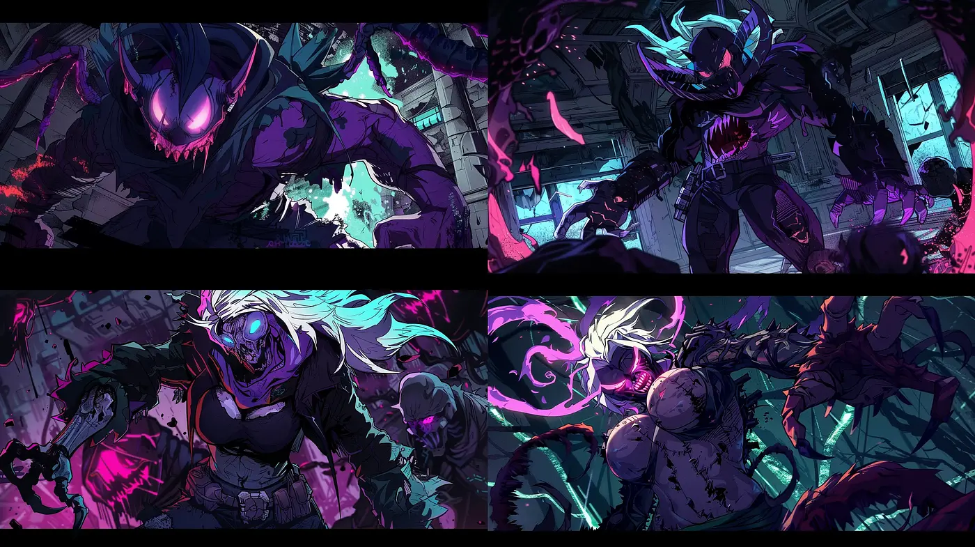 Dynamic Gothic Fantasy Vignettes with Vibrant Neon Accents - Midjourney sref style