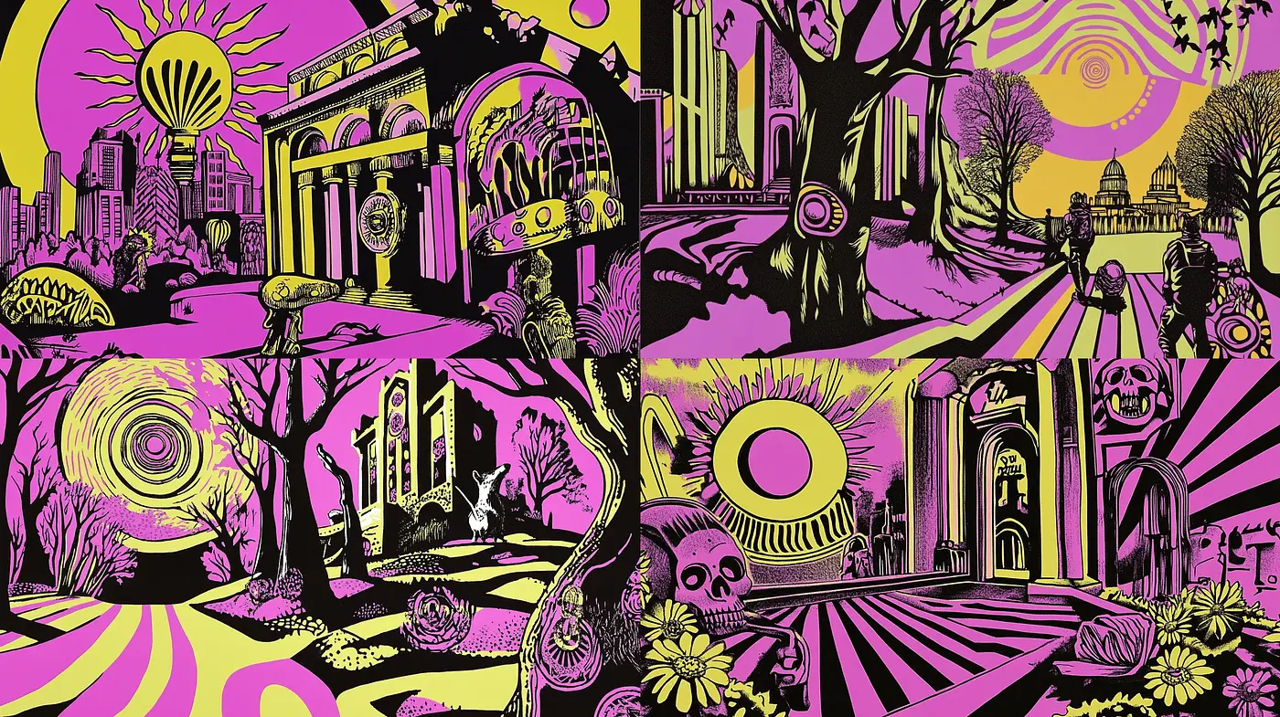 Psychedelic Dreamscape in Bold Contrast - Midjourney sref style