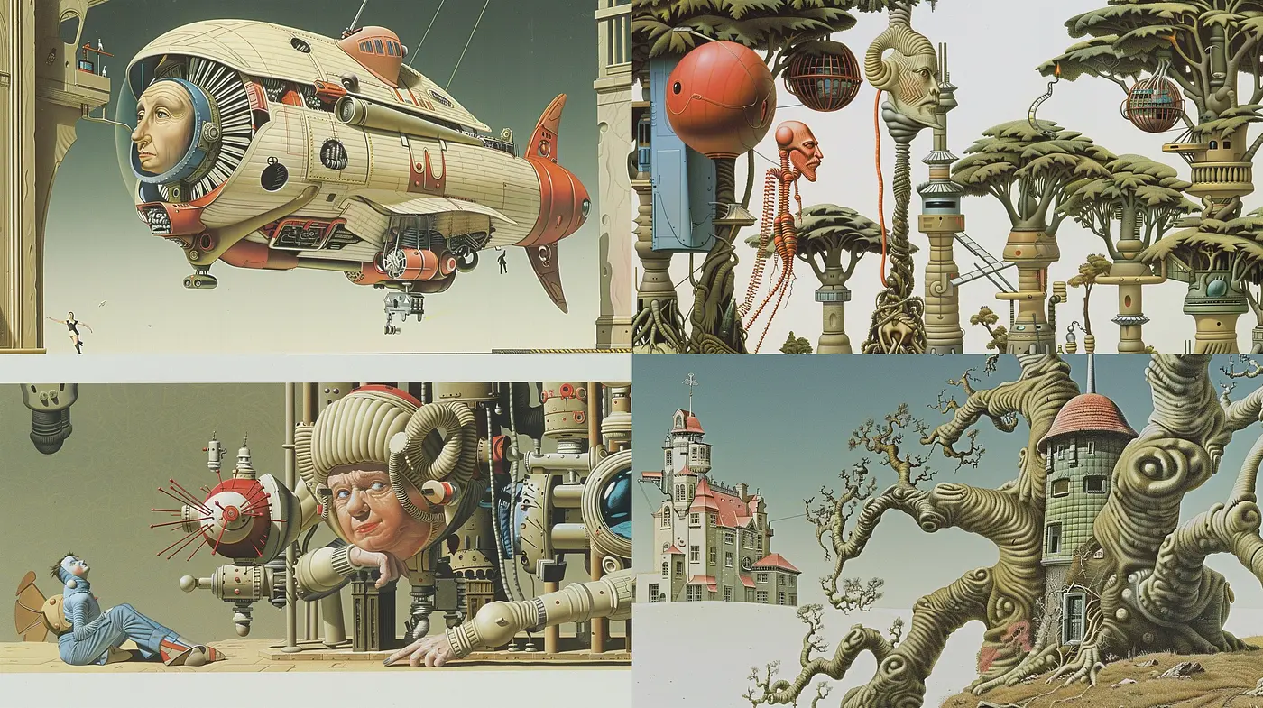 Surreal Mechanized Dreamscapes in Burnt Sienna and Vintage Pastels - Midjourney sref style