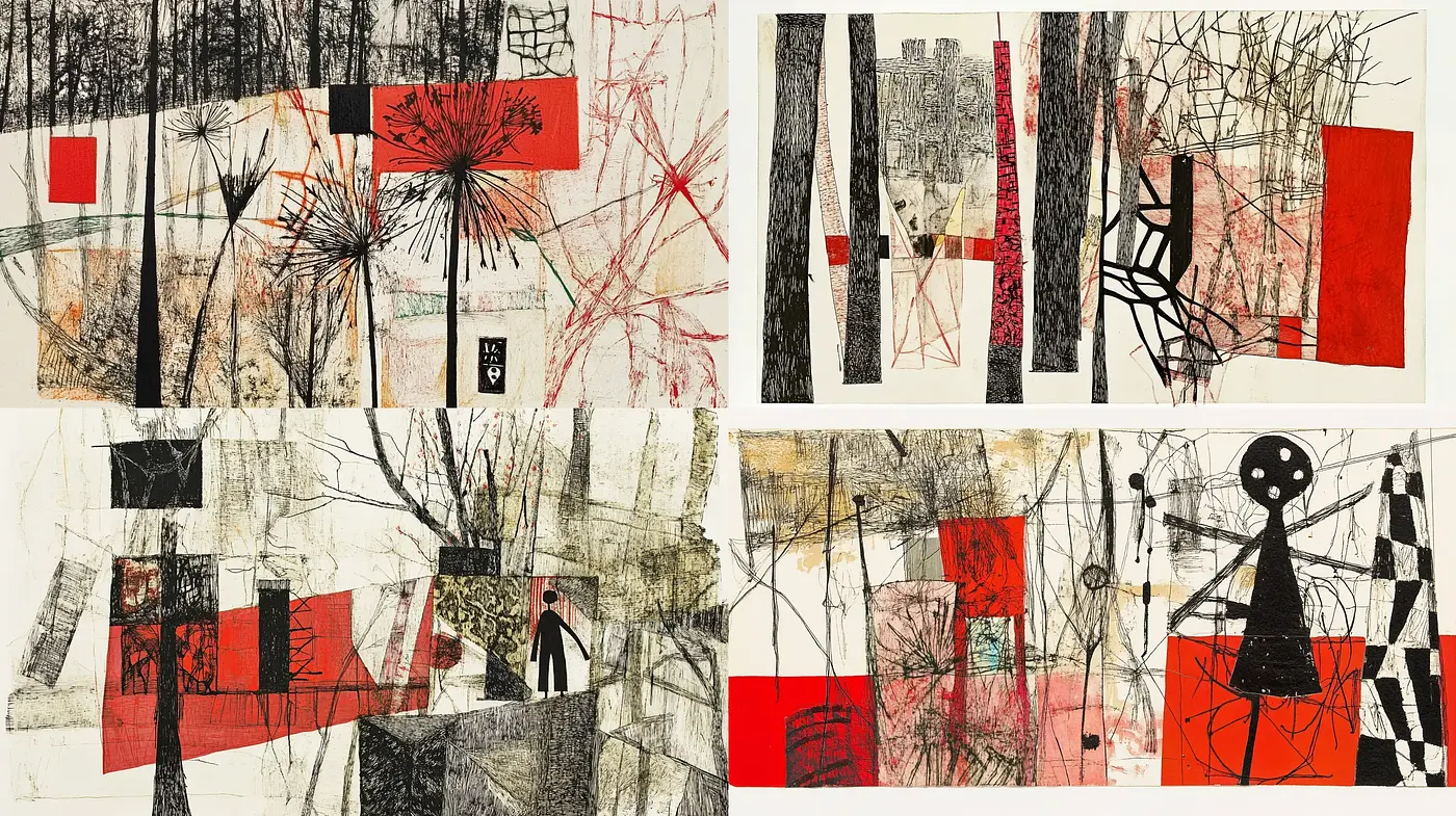 Abstract Expressionist Collage with Red Accents and Textured Contrasts - Midjourney sref style