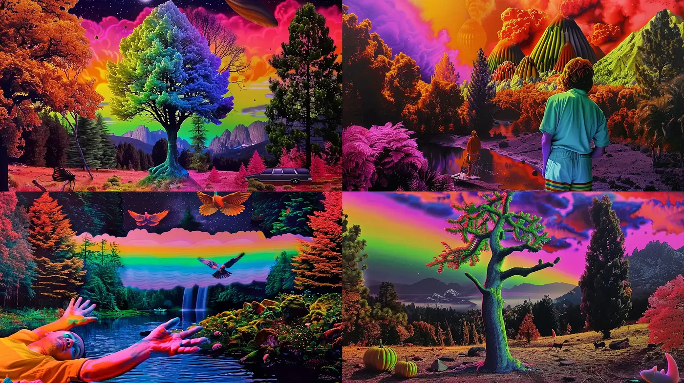 Synesthetic Landscape Dreamscapes: A Vivid Meld of Surrealism and Psychedelia - Midjourney sref style