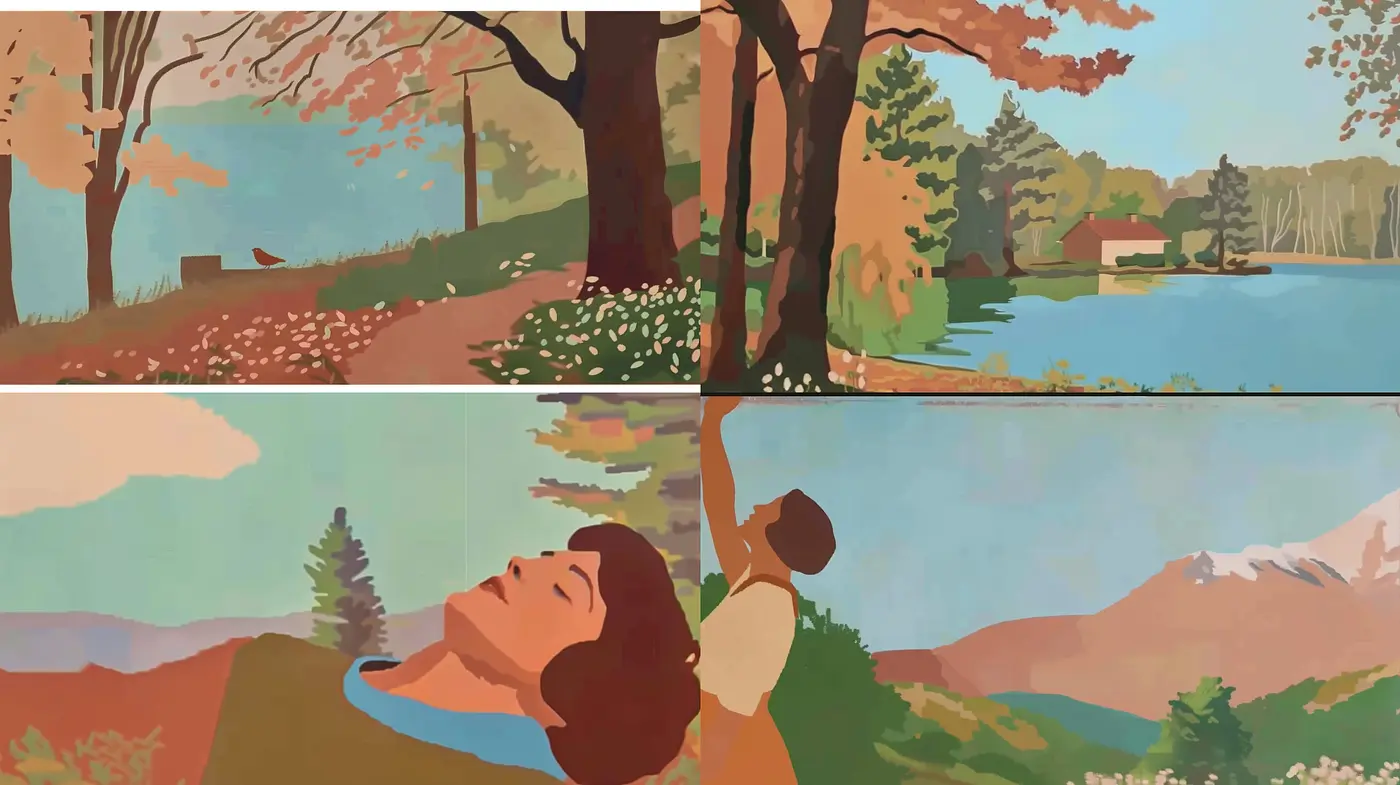Transcendent Autumnal Serenity: A Harmonious Blend of Stylized Nature and Reflective Moods - Midjourney sref style