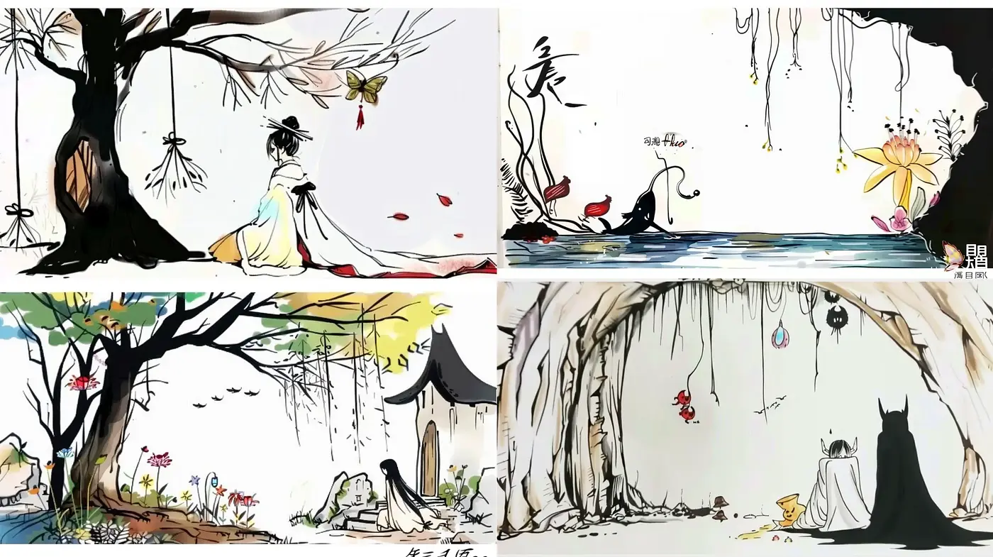 Ink Wash Aesthetics with Whimsical Expressions in a Natural Setting - Midjourney sref style
