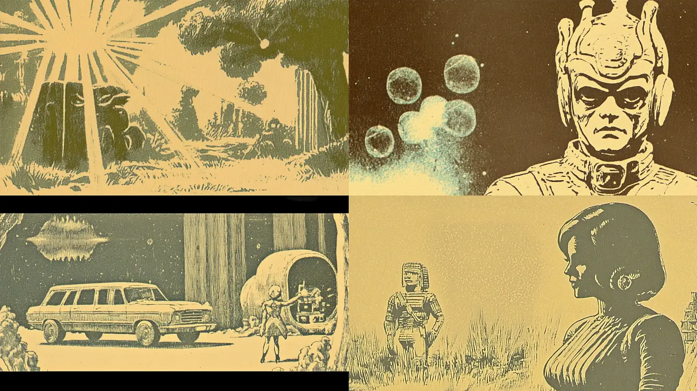 Retro Sci-Fi Nostalgia with Sepia Tones and Vintage Textures - Midjourney sref style