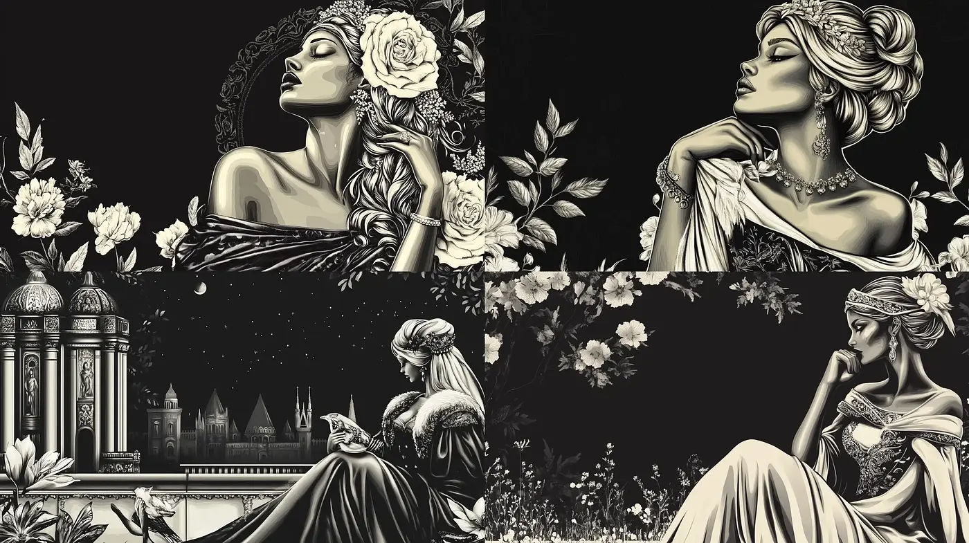 Monochromatic Elegance with a Neo-Classical Touch - Midjourney sref style