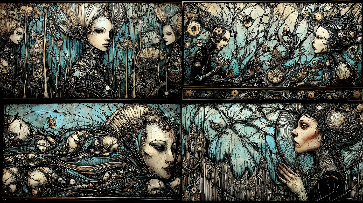 Intricate and Ethereal Visions with Flowing Forms and Organic Elements - Midjourney sref style