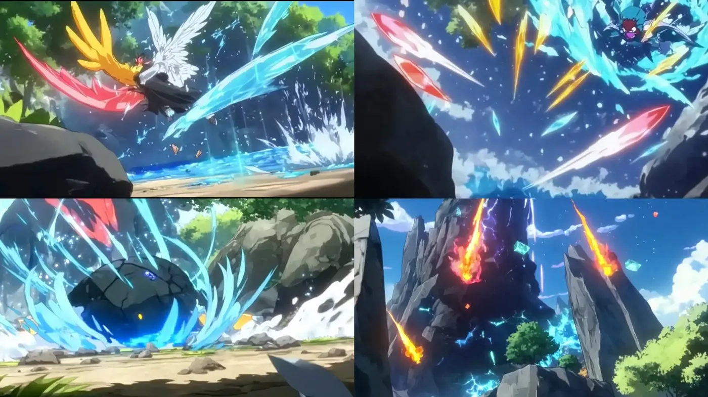 Dynamic Elemental Anime-style Action Sequences - Midjourney sref style