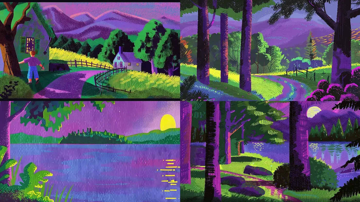 Vividly stylized landscapes with bold colors and a serene atmosphere - Midjourney sref style