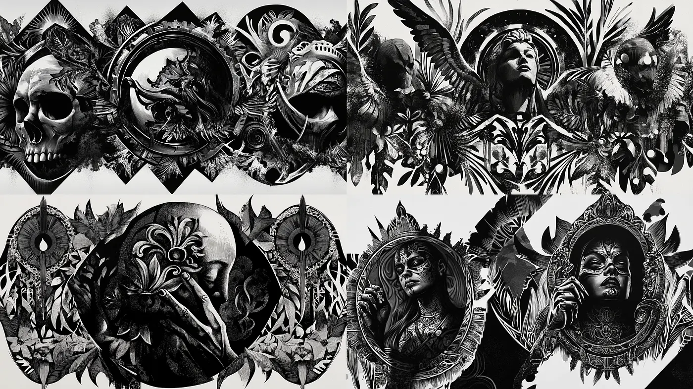 Ethereal Dreamscape: A Harmonious Fusion of Monochromatic Surrealism and Baroque Intricacies - Midjourney sref style
